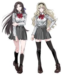 Rule 34 | 2girls, 9urodine, arm at side, arm under breasts, black hairband, black socks, black thighhighs, blonde hair, bow, bowtie, brown hair, brown shoes, buttons, closed mouth, collared shirt, floating hair, full body, grey skirt, hair bow, hair ornament, hairband, hand on own arm, hand on own hip, heel up, highres, kneehighs, loafers, long hair, looking at viewer, miniskirt, multiple girls, parted bangs, parted lips, pleated skirt, purple bow, purple eyes, red bow, red bowtie, red eyes, saijou claudine, school uniform, seishou music academy uniform, shirt, shirt tucked in, shoes, shoujo kageki revue starlight, sidelocks, simple background, skirt, smile, socks, standing, tendou maya, thighhighs, v-shaped eyebrows, very long hair, wavy hair, white background, white shirt, x hair ornament, zettai ryouiki