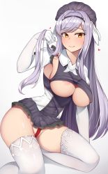 1girl :q absurdres areola_slip black_lilith black_lilith_(last_origin) blush breasts female_focus gloves hairband heart highres large_breasts last_origin legs_folded lomocya long_hair looking_at_viewer maid_headdress red_rope rope silver_hair simple_background solo thighhighs tongue tongue_out underboob white_background white_gloves white_thighhighs yellow_eyes