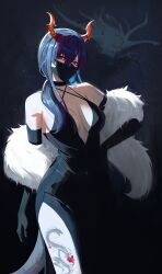 Rule 34 | 1girl, absurdres, arknights, bare shoulders, black dress, black gloves, blue hair, breasts, ch&#039;en (arknights), choker, commentary, dragon horns, dragon tail, dragon tattoo, dress, elbow gloves, english commentary, gloves, glowing feather, hand on own hip, highres, horns, long hair, looking at viewer, mask, mouth mask, rasipan, red eyes, sleeveless, sleeveless dress, solo, tail, tattoo