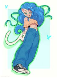 1girl absurdres animal_ear_hairband animal_ears animal_hands aqua_background aqua_butterfly arms_behind_back bare_shoulders black_shoes blue_hair border breasts cat_ear_hairband cat_ears cat_girl cat_paws cat_tail celebelian choker crop_top darkstalkers denim fake_animal_ears felicia_(darkstalkers) full_body green_eyes hairband highres jeans light_blush long_hair looking_at_viewer medium_breasts midriff navel off-shoulder_shirt off_shoulder orange_shirt pants shirt shoes short_sleeves smile sneakers solo standing tail tongue tongue_out white_border white_choker