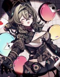 1girl ;o ace_(playing_card) ace_of_clubs ace_of_hearts ace_of_spades black_hairband black_shorts breasts brown_corset brown_gloves brown_hair card cleavage club_(shape) commentary_request corset elbow_gloves gloves grey_eyes hair_intakes hairband hat heart highres honkai_(series) honkai_impact_3rd large_breasts medium_hair one_eye_closed pino_(pino2452) playing_card short_shorts shorts solo spade_(shape) thighs top_hat vill-v