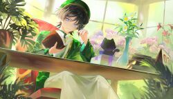 1boy akademiya_uniform alternate_costume black_hair blue_eyes blunt_ends book book_stack calendar_(object) chair closed_mouth coat cu09291 daisy_(flower) eyeliner eyeshadow fingernails flower garden genshin_impact glint gold_trim green_coat green_hair green_hat green_sleeves hair_intakes hands_up hat highres holding holding_book holding_pen hydrangea indoors leaf long_sleeves looking_at_object makeup male_focus mandarin_collar multicolored_hair open_book pen plant potted_plant reading red_eyeliner red_eyeshadow red_flower robe scaramouche_(cat)_(genshin_impact) scaramouche_(genshin_impact) sitting solo streaked_hair stuffed_animal stuffed_toy sweatdrop table tsurime vase white_flower white_robe window wooden_table