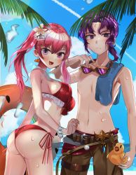 1boy 1girl absurdres ass beach bikini blue_sky bracelet breasts brown_male_swimwear brown_swim_trunks chil0107 cloud erk_(fire_emblem) fang fire_emblem fire_emblem:_the_blazing_blade frown goggles goggles_around_neck highres innertube jewelry looking_at_viewer male_swimwear nintendo palm_tree pink_hair purple_eyes purple_hair red_bikini rubber_duck serra_(fire_emblem) sky smile swim_ring swim_trunks swimsuit tree twintails