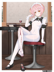 1girl absurdres alcohol apron bodystocking feet frilled_apron frills highres looking_at_viewer maid maid_apron maid_headdress medium_hair no_bra no_panties original pantyhose pink_hair red_wine side_ponytail soles solo waist_apron white_apron white_pantyhose wine zhthktk