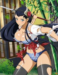 1girl bamboo black_hair blue_bra blue_eyes blue_panties bow bra breasts cleavage collarbone earrings female_focus flower hair_bow hair_flower hair_ornament headband holding holding_sword holding_weapon horns ikkitousen jewelry kakouen_myousai katana official_art outdoors panties plaid_bra plaid_clothes plaid_panties red_flower single_earring solo sword torn_clothes underwear weapon