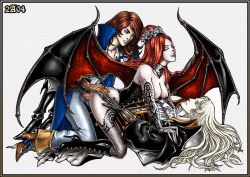1girl 2boys alucard alucard_(castlevania) anal androgynous bat_wings bent_over blue_eyes boots breasts bridal_gauntlets brown_hair candra cape castlevania:_symphony_of_the_night castlevania_(series) choker closed_eyes clothed_sex coat corset cowgirl_position demon_girl dhampir double_penetration fishnet_thighhighs fishnets flower girl_on_top group_sex hair_flower hair_ornament half-human high_heel_boots high_heels knee_boots lace lips lipstick long_hair lying makeup mmf_threesome multiple_boys multiple_penetration nipples no_bra on_back pale_skin red_hair richter_belmont sex shoes solo_focus straddling succubus_(castlevania) thighhighs threesome trench_coat undead vaginal vampire white_hair wings