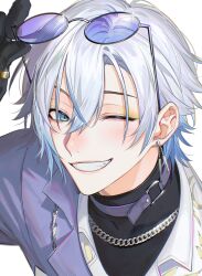 Rule 34 | 1boy, absurdres, adjusting eyewear, black gloves, black shirt, blue choker, blue eyes, blue hair, chain, chain necklace, choker, collared shirt, commentary, crossed bangs, earrings, eyeshadow, gloves, gold ring, gradient hair, grin, hair between eyes, hand up, highres, jewelry, kaelix debonair, kaohom503, long sleeves, looking at viewer, makeup, male focus, multicolored hair, necklace, nijisanji, nijisanji en, one eye closed, purple-tinted eyewear, ring, round eyewear, shirt, short hair, simple background, smile, solo, sunglasses, symbol-only commentary, teeth, thumb ring, tinted eyewear, turtleneck, upper body, virtual youtuber, white background, white hair, white shirt, yellow eyeshadow