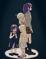 4girls aged_down bang_dream! black_background blonde_hair blue_dress blue_footwear blue_socks bow brown_shirt clenched_hands coldcat. collared_shirt dress flat_color frilled_socks frills from_side full_body grey_jacket hair_between_eyes hair_bow half_updo highres jacket leaning_forward loafers long_hair long_sleeves looking_at_another looking_at_viewer multiple_girls neck_ribbon orange_eyes own_hands_together peeking_out pink_shoes plaid_clothes plaid_skirt pleated_skirt purple_eyes purple_hair raised_eyebrows red_ribbon ribbon sailor_collar school_uniform serafuku seta_kaoru shadow shirasagi_chisato shirt shoes short_hair sidelocks skirt socks spotlight time_paradox white_bow white_sailor_collar white_shirt white_socks yellow_shirt