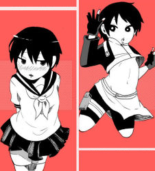 blush gloves monochrome naruto_(series) naruto_shippuuden navel sai school_uniform short_hair skirt ushigoyakishida