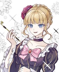 Rule 34 | 1girl, ameko0617, beatrice (umineko), blonde hair, blue eyes, blue pupils, breasts, collarbone, eyelashes, flower, hair flower, hair ornament, highres, holding, holding smoking pipe, large breasts, looking at viewer, open mouth, red flower, red rose, rose, smile, smoking pipe, solo, sparkle, standing, umineko no naku koro ni, upper body, white background, white flower