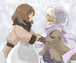 2boys animal animal_ears anime_coloring axis_powers_hetalia belt black_eyes blonde_hair blush brown_belt brown_coat brown_hair brown_jacket child closed_eyes closed_mouth coat commentary_request dog dog_ears fur-trimmed_jacket fur-trimmed_sleeves fur_trim grey_background grey_pants hair_between_eyes hat hinata_neko holding_hands jacket lithuania_(hetalia) long_sleeves looking_at_another male_focus multiple_boys open_mouth pants pom_pom_(clothes) purple_hat purple_pants purple_scarf russia_(hetalia) scarf short_hair smile standing torn_clothes torn_scarf white_fur