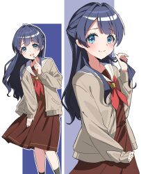 1girl :d black_socks blue_background blush brown_cardigan brown_dress cardigan cowboy_shot dress feet_out_of_frame hair_intakes half_updo hasu_no_sora_school_uniform highres index_finger_raised kai_(shell) link!_like!_love_live! long_hair long_sleeves looking_at_viewer love_live! medium_dress mole mole_on_neck multiple_views murano_sayaka neckerchief open_cardigan open_clothes open_mouth outline pleated_dress raised_inner_eyebrows red_neckerchief sailor_collar sailor_dress school_uniform simple_background smile socks virtual_youtuber white_outline white_sailor_collar winter_uniform