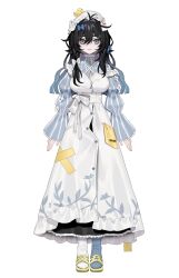 1girl :| asymmetrical_legwear awabami_hawako bebe_(bebe_pp) bird black_hair blue_bow blue_eyes blue_hair blue_socks bow breasts chick cleavage closed_mouth dress full_body gradient_hair hair_bow hat highres long_hair looking_at_viewer maid mismatched_legwear multicolored_hair official_art price_tag shoes simple_background socks solo standing striped_clothes striped_socks tachi-e transparent_background unconventional_maid vebop_project virtual_youtuber white_bow white_hat white_socks yellow_shoes
