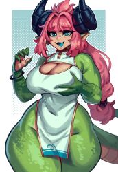 1girl blue_eyes blue_tongue bracelet breasts claws cleavage colored_skin colored_tongue covered_navel cowboy_shot curvy dragon_girl dragon_horns dragon_tail grabbing_own_breast green_skin hair_intakes hand_up highres horns jewelry large_breasts light-skinned_palms long_hair looking_at_viewer low-tied_long_hair monster_girl multicolored_skin nina_(eigaka) nocturneyoru open_mouth original pink_hair pointy_ears ponytail simple_background smile solo tail thick_thighs thighs wide_hips