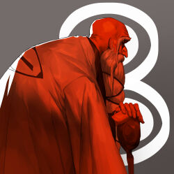 1boy absurdres backlighting bald beard bleach cane closed_mouth coat coat_on_shoulders cowboy_shot criss-cross_straps facial_hair facing_to_the_side fingernails from_side grey_background grey_hair hand_on_cane haori hieumay highres hunchback japanese_clothes long_beard long_eyebrows long_mustache long_sleeves male_focus mustache nose number_background old old_man own_hands_together shihakusho shinigami simple_background solo standing taichou_haori yamamoto-genryuusai_shigekuni