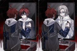Rule 34 | 2boys, ahoge, aotsuki eito, black gloves, black streaks, blood, blue eyes, blue jacket, different reflection, drawstring, glasses, gloves, grey hair, grey jacket, hand on mirror, highres, hood, hoodie, jacket, jacket over hoodie, kaochuanyi9060, looking at mirror, male focus, mirror, multicolored hair, multicolored jacket, multiple boys, red hair, reflection, short hair, signature, smile, split, spoilers, streaked hair, sumino takumi, sweatdrop, the hundred line -last defense academy-, two-tone jacket, white hoodie, white jacket