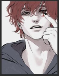 1boy 23i2ko bags_under_eyes black_border black_nails bleeding blood bloodshot_eyes bloody_tears border constricted_pupils fangs grey_eyes grey_hoodie hair_between_eyes hood hood_down hoodie index_finger_raised looking_at_viewer male_focus messy_hair original red_hair short_hair solo upper_body white_background