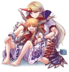 2girls absurdres barefoot blonde_hair bloomers blush bow breasts brown_horns chain closed_eyes commentary_request cuffs elaphe_guttata6 fangs feet grin hair_bow highres horn_ornament horn_ribbon horns hoshiguma_yuugi ibuki_suika layered_skirt long_hair multiple_girls oni open_mouth orange_hair pointy_ears puffy_short_sleeves puffy_sleeves purple_skirt red_bow red_eyes red_horns ribbon shackles shirt short_sleeves single_horn skirt smile tears tickling toes torn_clothes torn_sleeves touhou underwear white_background white_shirt wrist_cuffs