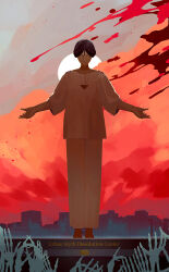 1boy black_hair blood blood_splatter building cloud commentary_request copyright_name full_body highres looking_at_viewer male_focus meguriya_ayumu motoiwork outdoors outstretched_arms pants red_sky shirt short_hair skeleton sky solo spread_arms standing sun toshi_densetsu_kaitai_center triangle_necklace white_pants white_shirt yellow_eyes