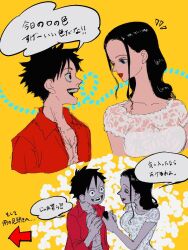 1boy 1girl ^_^ blue_eyes closed_eyes commentary_request dress hair_slicked_back highres hisarakanoi holding long_hair monkey_d._luffy nico_robin one_piece open_clothes open_shirt red_lips red_shirt scar scar_on_face shirt short_hair short_sleeves sidelocks smile speech_bubble talking translation_request upper_body white_dress