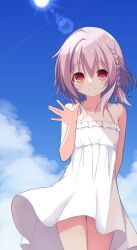 1boy \||/ absurdres alternate_costume alternate_hair_color arm_behind_back asuka_minato bare_shoulders blue_sky blush braid bright_pupils closed_mouth collarbone commentary_request cowboy_shot day dress grey_hair hair_between_eyes hand_up happy highres looking_at_viewer medium_hair otome_domain outdoors p-man_mk-2 red_eyes side_braid single_braid sky sleeveless sleeveless_dress smile solo spaghetti_strap split_mouth sundress sunlight thigh_gap trap waving white_dress