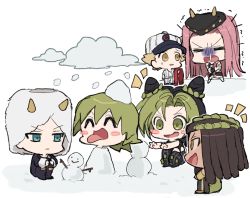3boys 3girls blonde_hair blue_eyes chibi cloud dreadlocks emporio_alnino ermes_costello foo_fighters_(jojo) fu_r_y fur_hat green_eyes green_hair hat jojo_no_kimyou_na_bouken kuujou_jolyne multiple_boys multiple_girls narciso_anasui pink_hair shaded_face snot_trail snow snowing snowman stone_ocean trembling weather_report yellow_eyes
