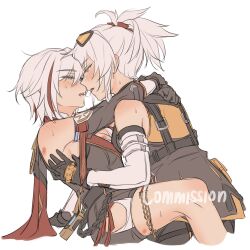 2girls after_kiss arms_around_neck between_legs black_gloves black_jacket blue_eyes blush commentary commission crossover detached_sleeves ear_blush gloves hickey highres honkai:_star_rail honkai_(series) jacket long_hair mihoyo multicolored_hair multiple_girls ponytail red_hair saliva saliva_trail short_hair shoulder_blush simple_background soldier_11_(zenless_zone_zero) streaked_hair sweat topaz_(honkai:_star_rail) white_background white_hair yellow_eyes yurenn yuri zenless_zone_zero