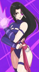 1girl absurdres black_hair bridal_gauntlets clenched_hand curvy earrings facial_mark garter_belt highleg highleg_leotard highres jeff_miga jewelry leotard long_hair looking_at_viewer marvel marvel_rivals psylocke purple_background purple_leotard revealing_clothes shiny_skin solo thighs thong_leotard wide_hips