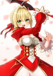 1girl :d ahoge blonde_hair braid braided_bun breasts buttons cleavage commentary_request double-breasted dress epaulettes falling_petals fate/grand_order fate_(series) gold_trim green_eyes hair_between_eyes hair_bun hair_intakes hair_ribbon highres holding holding_sword holding_weapon hoshino_reiji incoming_attack juliet_sleeves long_sleeves medium_breasts nero_claudius_(fate) open_mouth petals puffy_sleeves red_dress red_ribbon ribbon short_hair sidelocks single_epaulette smile solo sword teeth upper_teeth_only v-shaped_eyebrows weapon white_background