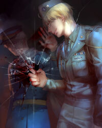 2boys ahoge america_(hetalia) axis_powers_hetalia belt black-framed_eyewear black_background black_hat black_jacket black_necktie black_pants black_shirt blonde_hair blood blood_on_hands blood_on_mirror blue_eyes blue_hat blue_jacket breast_pocket buttons closed_mouth collared_shirt cowboy_shot different_reflection fingernails glasses grey_hair grey_scarf hair_between_eyes hand_up hat hat_ornament highres jacket kanmuri_(hanyifan30338) lapels long_sleeves looking_at_another looking_at_mirror male_focus military_hat military_jacket military_uniform mirror multiple_boys necktie pants pocket purple_eyes reflection russia_(hetalia) scarf semi-rimless_eyewear shirt short_hair simple_background smile standing star_(symbol) star_hat_ornament star_print teeth yellow_belt
