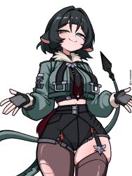 1girl animal_ears black_gloves black_hair black_shorts blue_eyes brown_pantyhose brown_thighhighs cropped_jacket fingerless_gloves gloves green_jacket jacket jane_doe_(zenless_zone_zero) ji_heeeeeee mouse_ears mouse_girl pantyhose sharp_tail short_shorts shorts simple_background single_leg_pantyhose solo tail thighhighs torn_clothes torn_pantyhose white_background wide_hips zenless_zone_zero