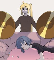 1other 2girls absurdres black_shirt blonde_hair blue_hair bocchi_the_rock! brown_sweater couch cymbals drooling gotoh_hitori gotoh_hitori_(tsuchinoko) highres ijichi_nijika instrument machuuu68 multiple_girls pillow shirt sleeping sweater yamada_ryo