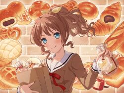 1girl :q bag baguette bang_dream! blue_eyes blush bread brick_wall brown_dress brown_hair bun_(food) chocolate chocolate_cornet croissant dress food hair_ribbon hanasakigawa_school_uniform holding holding_bag jar loaf_of_bread long_hair long_sleeves looking_at_viewer neck_ribbon official_art paper_bag ponytail pretzel red_ribbon ribbon sailor_collar sailor_dress school_uniform sidelocks smile solo third-party_source tongue tongue_out upper_body wavy_hair white_sailor_collar winter_uniform yamabuki_saya yellow_ribbon
