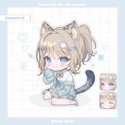 1girl :3 ^_^ animal_ear_fluff animal_ears aoi_(kirabosi105) artist_name blue_border blue_eyes blue_jacket blue_shoes blush border bow bowtie brown_hair cat_ears cat_girl cat_tail chibi chibi_only closed_eyes closed_mouth collared_shirt commentary_request commission commissioner_name crossed_bandaids dress_shirt grey_bow grey_bowtie grey_skirt grey_tail grid_background hair_ornament heart indie_virtual_youtuber jacket long_sleeves looking_at_viewer mafuyu_(vtuber) medium_hair miniskirt multiple_expressions outline pleated_skirt ponytail shirt shoes single_off_shoulder sitting skeb_commission skirt socks solo tail tail_ornament tenshi_kaiwai thank_you v-shaped_eyebrows virtual_youtuber wariza white_background white_outline white_shirt white_socks x_hair_ornament