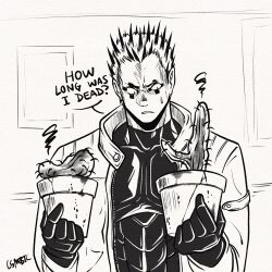 Rule 34 | 1boy, abs, cactus, coat, collarbone, commentary, crack, csmbtc, dorohedoro, english commentary, english text, flower pot, gloves, greyscale, highres, holding, holding flower pot, inktober, male focus, monochrome, plant, potted plant, risu (dorohedoro), short hair, signature, solo, spiked hair, sweatdrop, thick neck, upper body