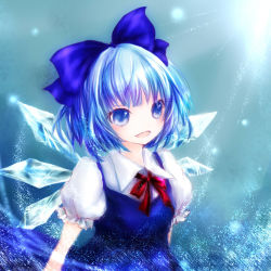 1girl blue_eyes blue_hair blue_theme blush bow cirno dress fang female_focus hair_bow ice matching_hair/eyes open_mouth puffy_sleeves ribbon setsu short_hair smile solo sparkle touhou upper_body wings