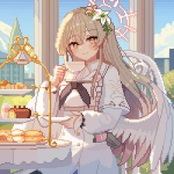 1girl blonde_hair blue_archive cake cup dress feathered_wings flower food hair_flower hair_ornament halo holding holding_cup holding_plate looking_at_viewer nagisa_(blue_archive) pixel_art plate solo swiss_roll tinia_etru white_dress white_wings wings yellow_eyes