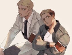 2boys armband black_necktie blonde_hair brown_eyes cheekbones collared_shirt commentary_request grey_jacket highres jacket kogu_(nue_insideout) long_sleeves looking_at_viewer male_focus multiple_boys necktie parted_lips porco_galliard red_armband reiner_braun shingeki_no_kyojin shirt short_hair sideburns simple_background sitting sparse_stubble undercut white_background white_hair white_shirt
