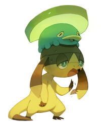 afterimage blue_eyes bluekomadori bright_pupils fanning_self full_body gen_3_pokemon gen_6_pokemon helioptile highres hot lotad nintendo no_humans nostrils open_mouth pokemon pokemon_(creature) simple_background waving_arm white_background white_pupils