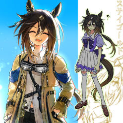 1girl animal_ears black_hair brown_hair character_name closed_eyes closed_mouth coat didi_(whaqlrpwjd) goggles goggles_around_neck highres horse_ears horse_girl horse_tail long_hair long_sleeves multicolored_hair multiple_views musical_note open_mouth pleated_skirt sailor_collar school_uniform shirt short_sleeves skirt standing stay_gold_(umamusume) tail thighhighs torn_clothes torn_coat tracen_school_uniform umamusume white_sailor_collar white_shirt white_skirt white_thighhighs yellow_coat