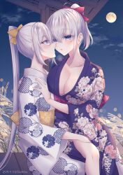 2girls alternate_costume alternate_hairstyle blue_eyes blush bow breasts cleavage cloud dated floral_print full_moon fuyutsuki_(kancolle) hair_bow hand_under_clothes highres japanese_clothes kabocha_torute kantai_collection kimono large_breasts long_hair moon multiple_girls night obi outdoors parted_lips ponytail saliva saliva_trail sash sitting sitting_on_lap sitting_on_person sky suzutsuki_(kancolle) wide_sleeves yuri