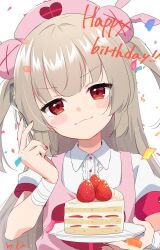 1girl apron bandaged_arm bandages blush cake closed_mouth confetti dress food fruit grey_hair hair_ornament happy_birthday hat highres ica long_hair looking_at_viewer nail_polish natori_sana natori_sana_(nurse) nurse_cap pink_apron pink_hat rabbit_hair_ornament red_eyes red_nails sana_channel short_sleeves simple_background smile solo strawberry two_side_up upper_body virtual_youtuber white_background white_dress