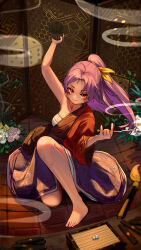 1girl absurdres barefoot dice high_ponytail highres holding indoors japanese_clothes kimono komakusa_sannyo kourou_(kouroukun) looking_at_viewer ponytail purple_hair purple_skirt red_eyes red_kimono skirt smoke smoke_trail solo touhou