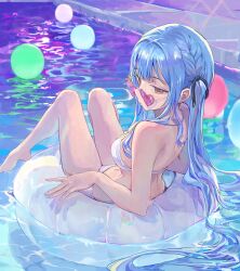 Rule 34 | 1girl, absurdres, ave mujica (bang dream!), bang dream!, bang dream! it&#039;s mygo!!!!!, bare arms, bare legs, bare shoulders, barefoot, bikini, black ribbon, blacky1266859, blue hair, braid, breasts, brush stroke, commentary, floating hair, from behind, hair ribbon, halterneck, heart, heart-shaped eyewear, highres, innertube, knees up, long hair, looking at viewer, looking back, looking over eyewear, medium breasts, navel, pink-tinted eyewear, pool, purple-tinted eyewear, ribbon, sidelocks, solo, swim ring, swimsuit, tinted eyewear, togawa sakiko, twintails, white bikini, yellow eyes