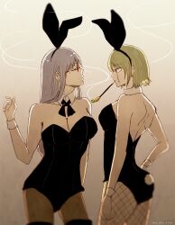 2girls alternate_costume animal_ears bare_shoulders black_leotard breasts cleavage closed_eyes commentary commentary_request cowboy_shot detached_collar earrings facial_scar facing_another fake_animal_ears fake_tail fishnet_pantyhose fishnets gintama glasses grey_hair hand_on_own_hip highres jewelry kiseru large_breasts leotard long_hair looking_at_another medium_breasts mo_mo_rice mole mole_under_eye multiple_girls pantyhose playboy_bunny profile rabbit_ears rabbit_tail red-framed_eyewear sarutobi_asuma scar scar_on_cheek scar_on_face semi-rimless_eyewear short_hair smoke smoking smoking_pipe standing stitches strapless strapless_leotard tail tsukuyo_(gintama) wrist_cuffs