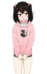 1girl bamiko_(nanju_bami) black_skirt brown_eyes brown_hair commentary highres hood hoodie looking_at_viewer medium_hair multicolored_hair nanju_bami original pink_hoodie shirt simple_background skirt socks thighs twintails two-tone_hair white_background white_shirt white_socks