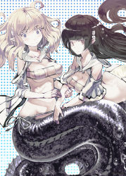 2girls bikini black_hair blonde_hair blue_eyes breasts brown_eyes cleavage eel eel_girl female_focus highres long_hair mermaid monster_girl multiple_girls original pointy_ears swimsuit tefec twitter_username