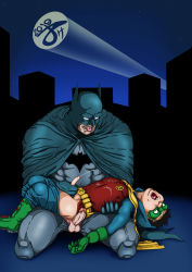 2boys absurdres bat_signal batman bruce_wayne city cum damian_wayne dc_comics ejaculation father_and_son handjob highres incest male_focus multiple_boys night on_lap penis purgatoryheats robin self-upload shota testicles tongue uncensored yaoi