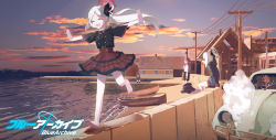 4girls :d ^_^ absurdres aru_(blue_archive) barefoot black_flower black_hair black_hoodie black_jacket black_skirt blue_archive blue_sky breasts brown_skirt building car chimney closed_eyes cloud commentary_request copyright_name crack cracked_glass floating_hair flower fur-trimmed_jacket fur_trim grey_hair grey_shirt hair_between_eyes hair_flower hair_ornament halo haruka_(blue_archive) highres hood hood_down hoodie horns jacket kayoko_(blue_archive) long_hair medium_breasts motor_vehicle multicolored_hair multiple_girls mutsuki_(blue_archive) open_mouth outdoors outstretched_arms parted_bangs pier pink_hair plaid_clothes plaid_skirt power_lines red_skirt revision running ryeon_(naturesan) shirt short_sleeves side_ponytail skirt sky smile spread_arms squatting sunset two-tone_hair unworn_jacket utility_pole very_long_hair volkswagen_beetle water white_hair white_shirt window
