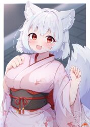 1girl :d animal_ear_fluff animal_ears bag bagged_fish black_sash blush border breasts commentary_request fish hand_on_own_chest hand_up inubashiri_momiji japanese_clothes kimono large_breasts long_sleeves looking_at_viewer obi obijime open_mouth outside_border pink_kimono red_eyes rururiaru sash short_hair smile solo tail touhou upper_body white_border white_hair wide_sleeves wolf_ears wolf_girl wolf_tail
